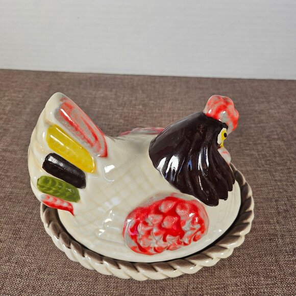 Vintage Metlox Hen On Nest Poppy Trail Pottery Vernon Red Rooster Covered Dish - Picture 3 of 12